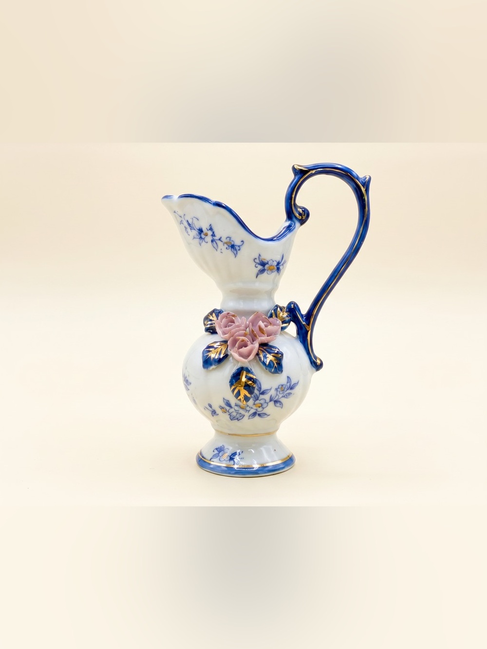 Vintage Blue, Pink, and White bud vase - Decorative Ewer with Applied Roses